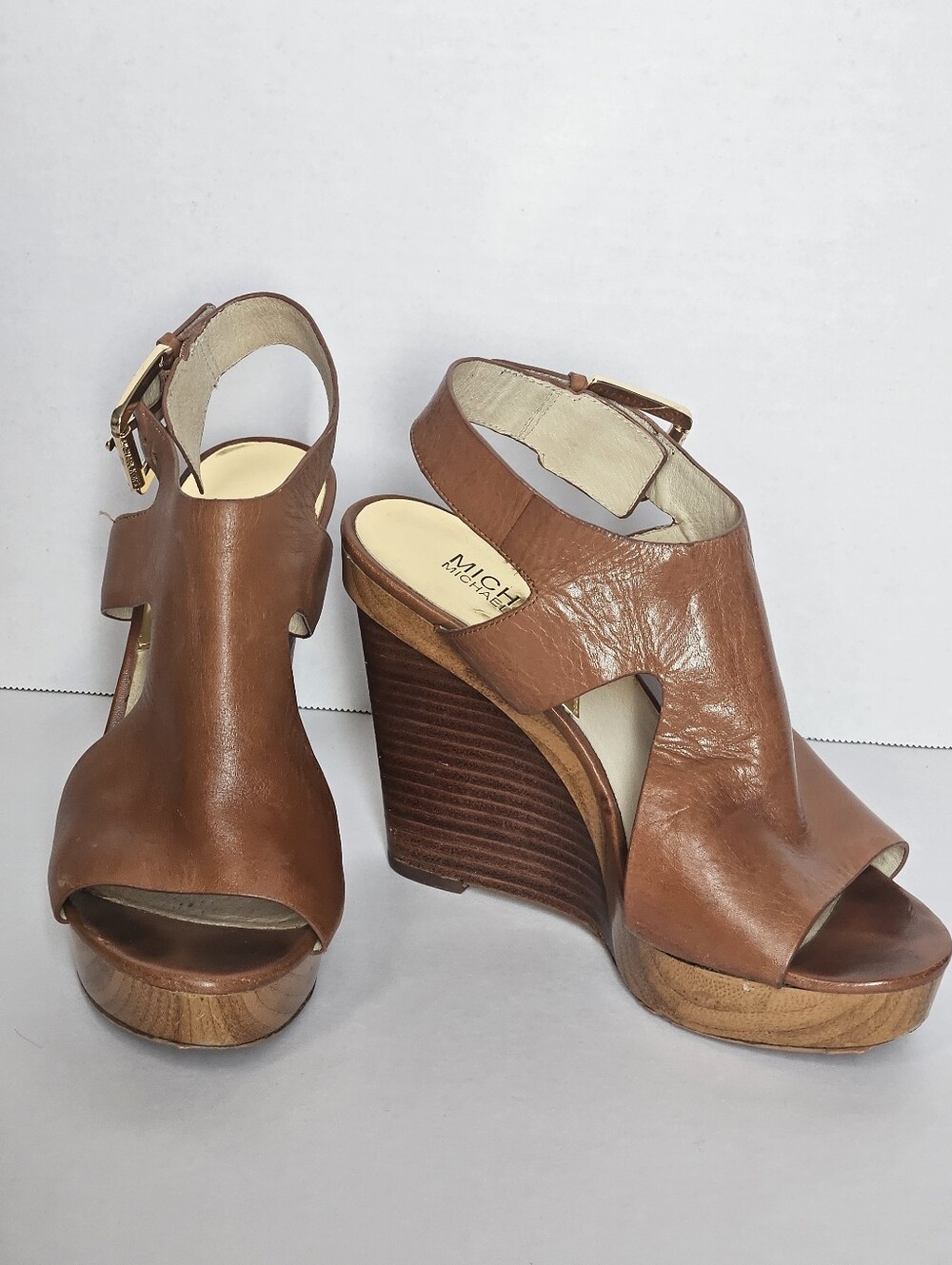 ​MICHAEL Michael Kors Brown Leather Wooden Wedge Platform Sandals